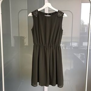 Olive Dress with Beaded Shoulder Detail